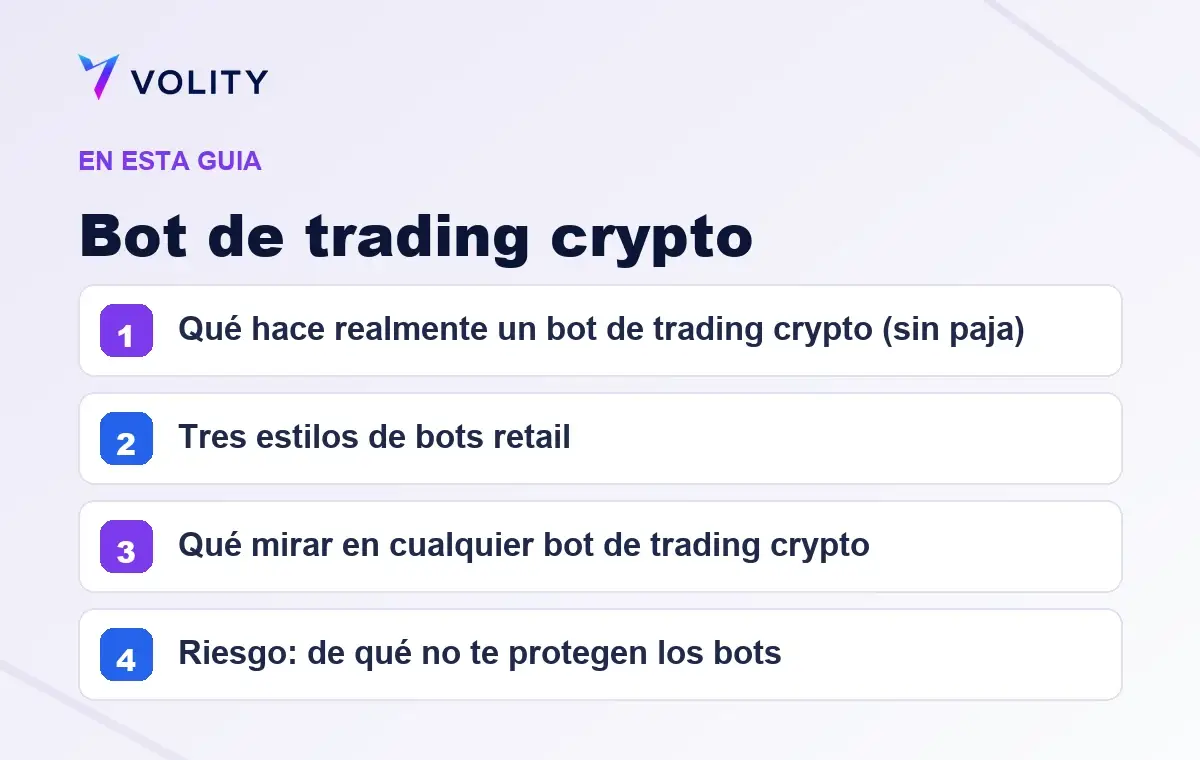 Secciones clave de esta guía de Volity sobre Bot de trading crypto