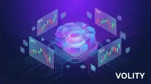 Crypto trading bots automated AI engine with BTC and ETH candlestick charts on Volity