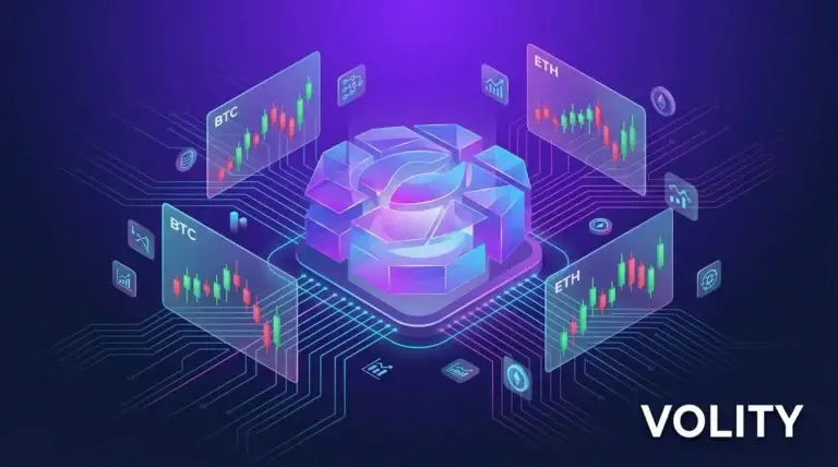 Crypto trading bots automated AI engine with BTC and ETH candlestick charts on Volity