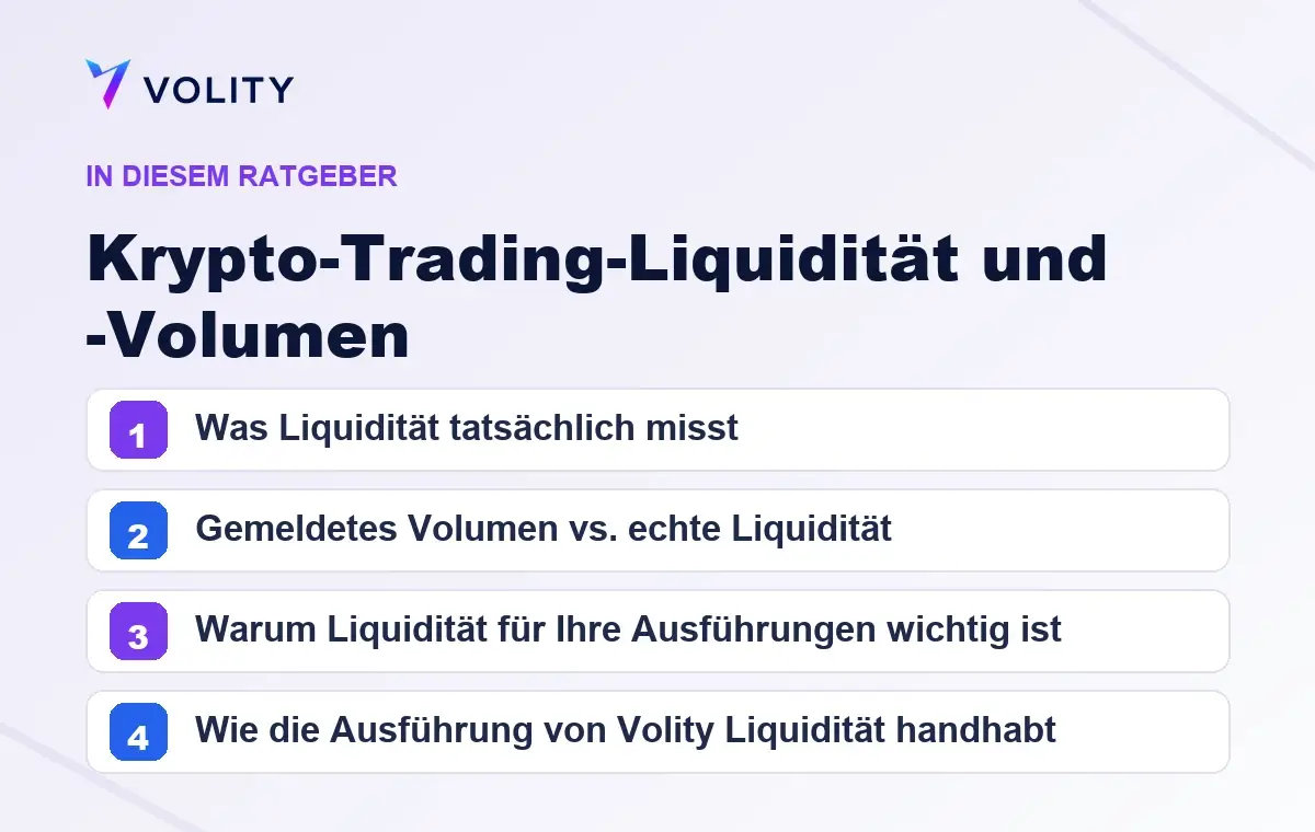 Wichtige Abschnitte in diesem Volity-Ratgeber zu Krypto-Trading-Liquidität und -Volumen