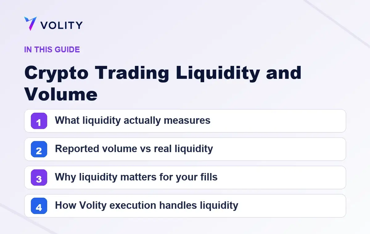 Key sections covered in this Volity guide to Crypto Trading Liquidity and Volume