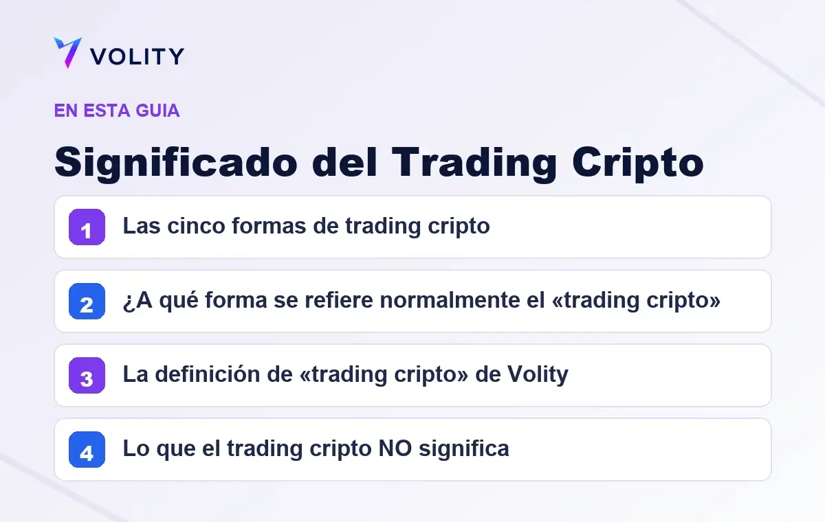 Secciones clave de esta guía de Volity sobre Significado del Trading Cripto