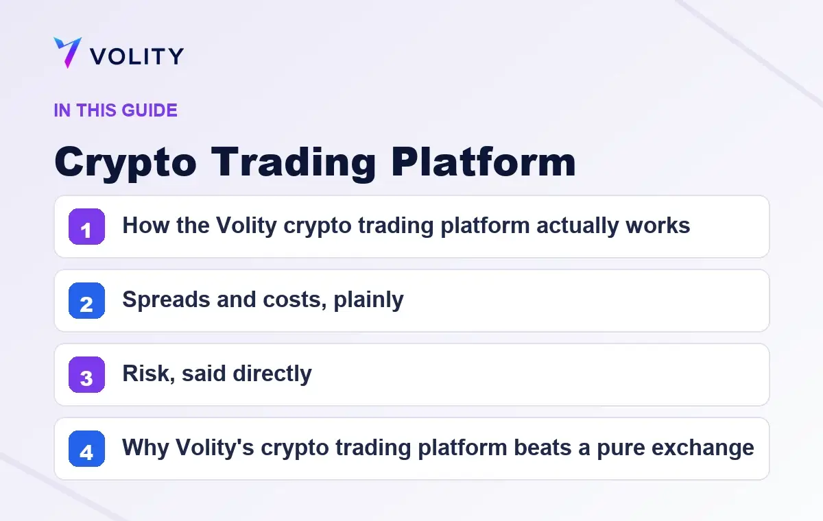 Key sections covered in this Volity guide to Crypto Trading Platform