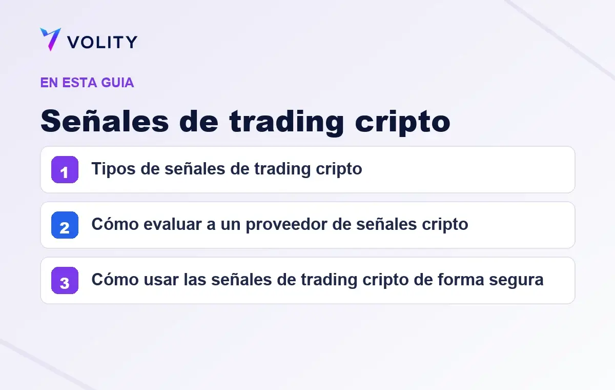 Secciones clave de esta guía de Volity sobre Señales de trading cripto