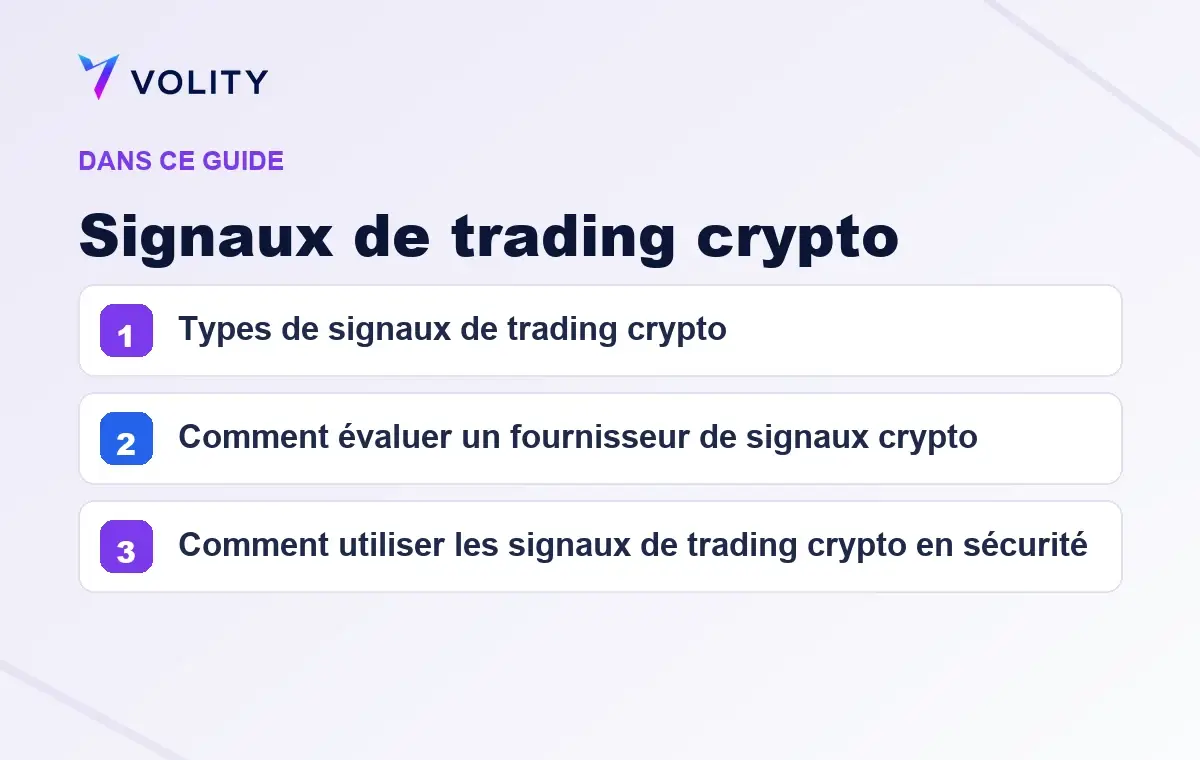 Sections clés de ce guide Volity sur Signaux de trading crypto
