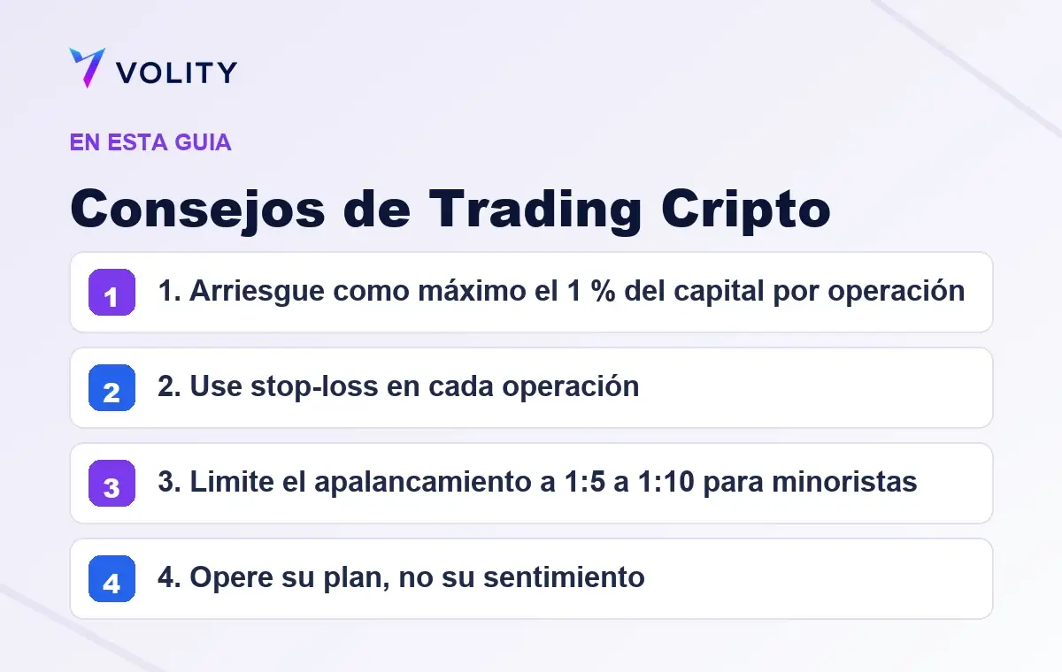 Secciones clave de esta guía de Volity sobre Consejos de Trading Cripto