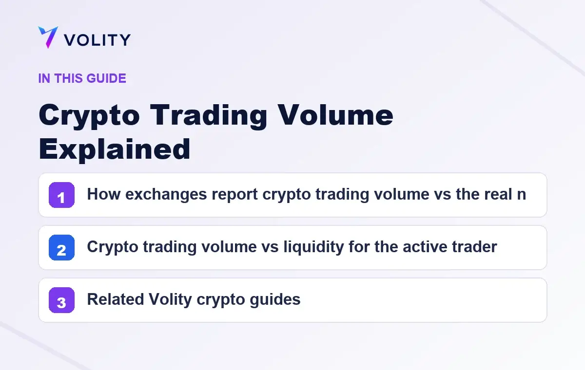 Key sections covered in this Volity guide to Crypto Trading Volume Explained