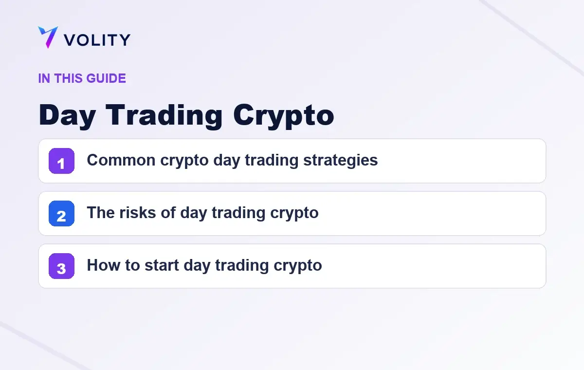 Key sections covered in this Volity guide to Day Trading Crypto