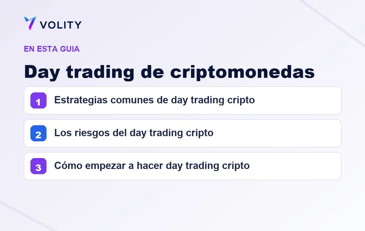 Secciones clave de esta guía de Volity sobre Day trading de criptomonedas