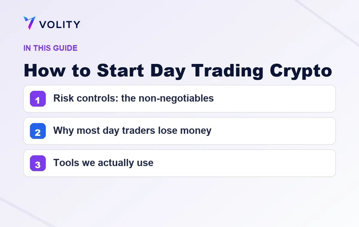 Key sections covered in this Volity guide to How to Start Day Trading Crypto