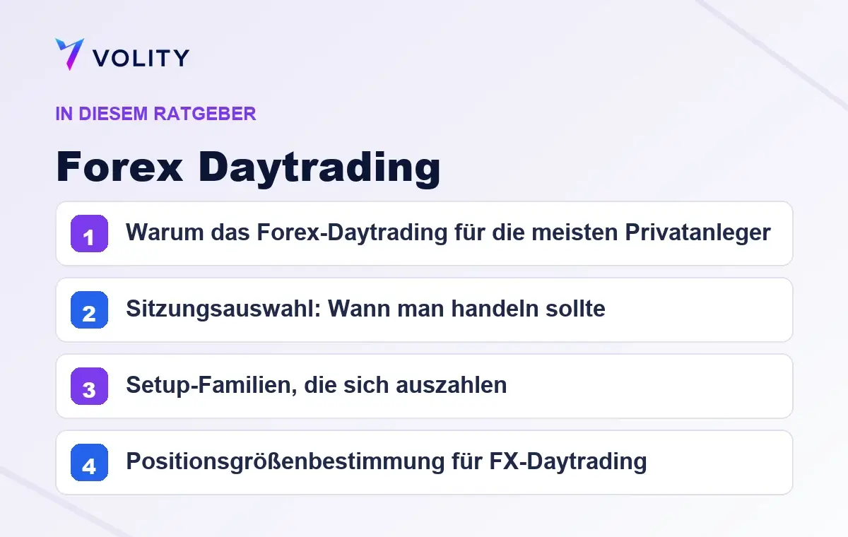 Wichtige Abschnitte in diesem Volity-Ratgeber zu Forex Daytrading