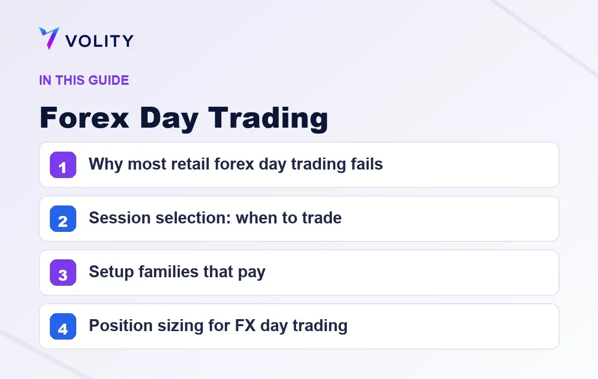 Key sections covered in this Volity guide to Forex Day Trading