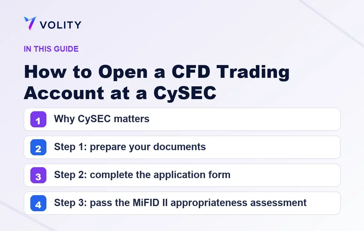 Key sections covered in this Volity guide to How to Open a CFD Trading Account at a CySEC