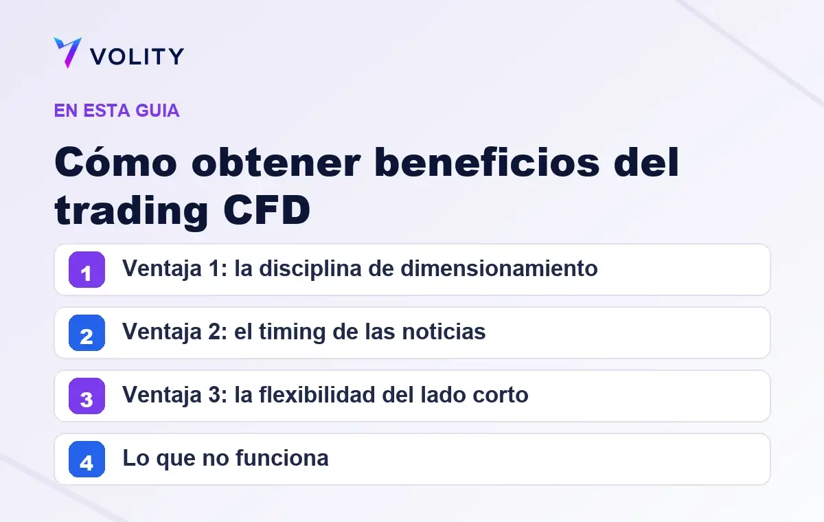 Secciones clave de esta guía de Volity sobre Cómo obtener beneficios del trading CFD