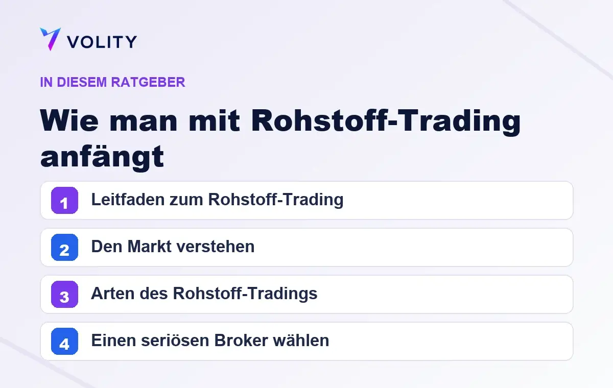 Wichtige Abschnitte in diesem Volity-Ratgeber zu Wie man mit Rohstoff-Trading anfängt
