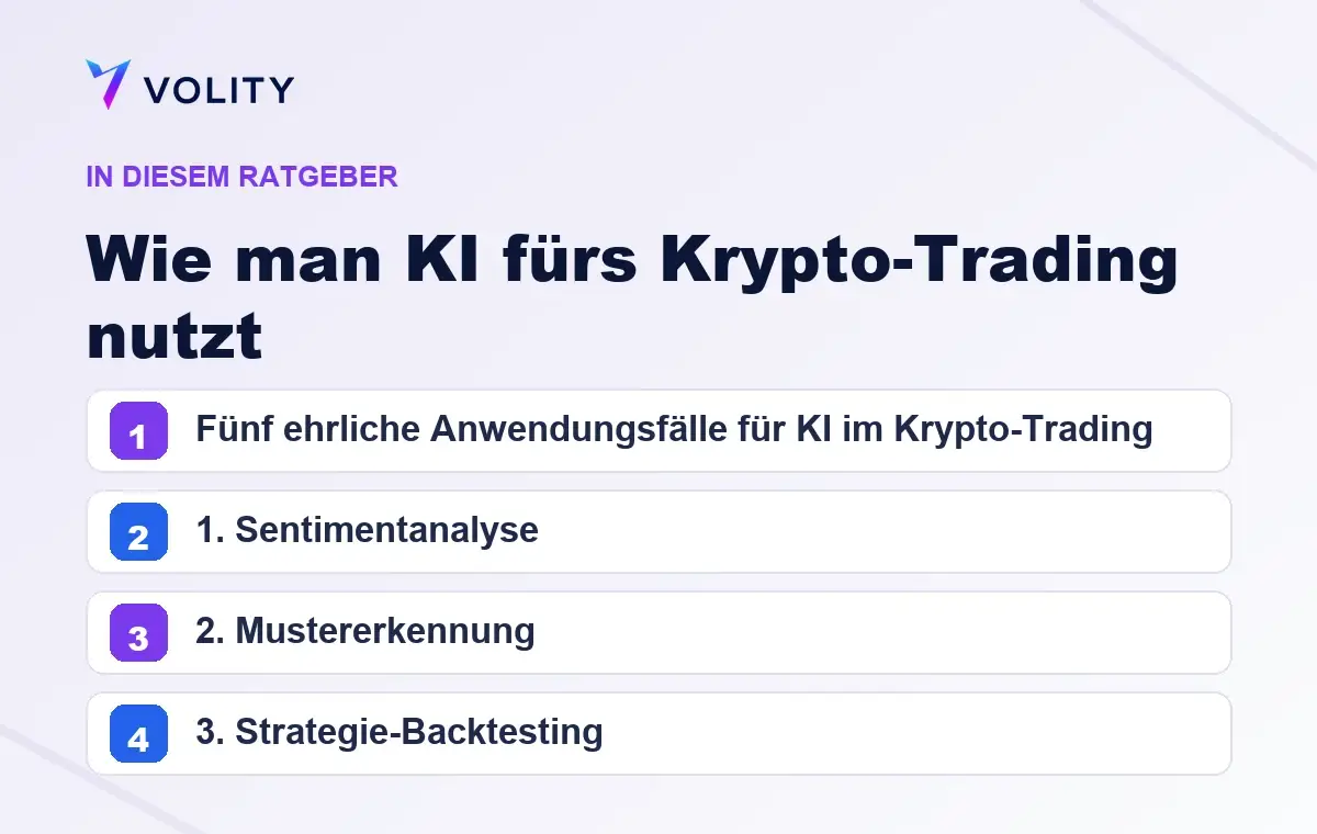 Wichtige Abschnitte in diesem Volity-Ratgeber zu Wie man KI fürs Krypto-Trading nutzt
