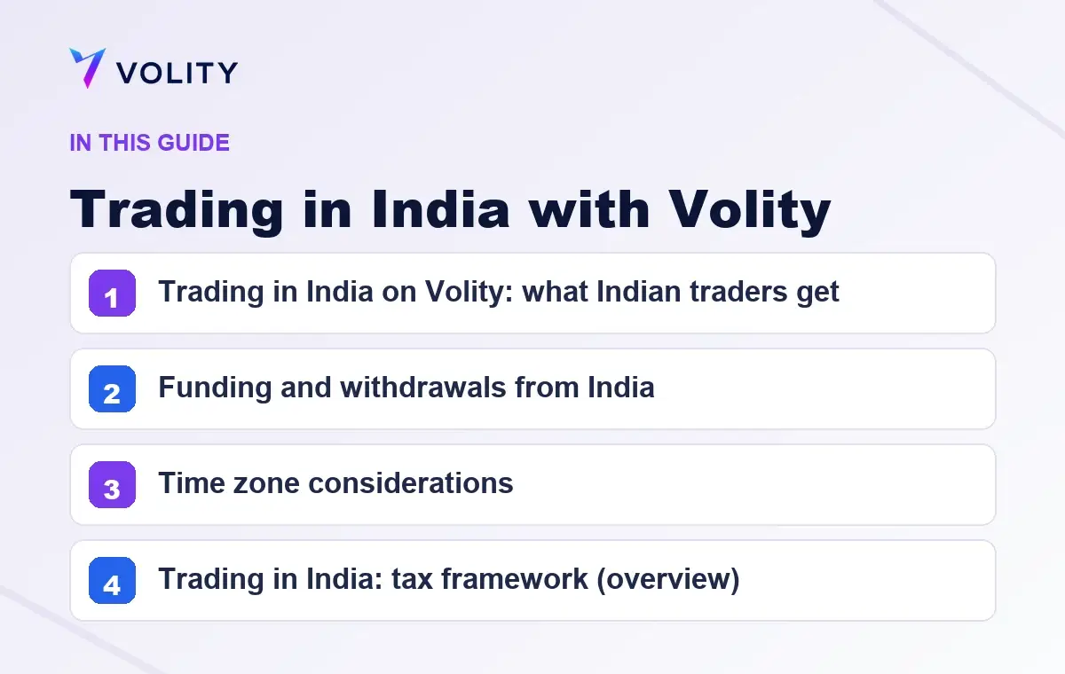 Key sections covered in this Volity guide to Trading in India with Volity