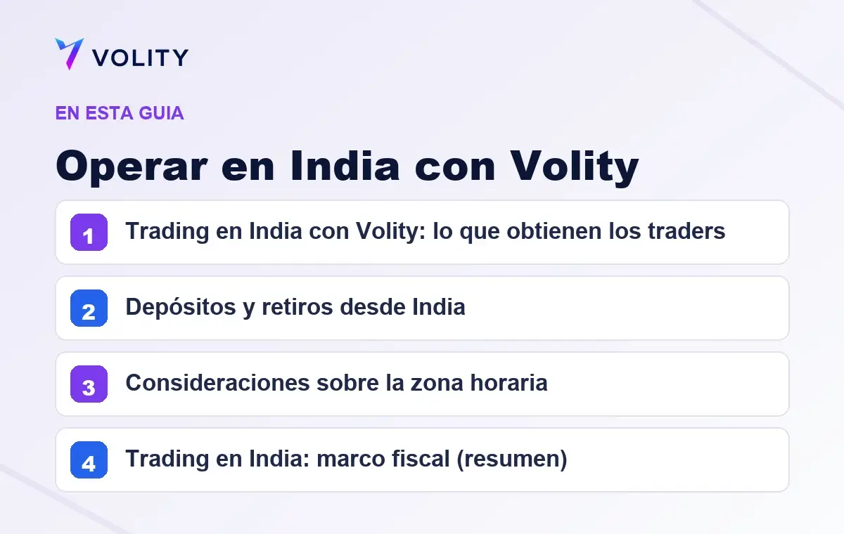 Secciones clave de esta guía de Volity sobre Operar en India con Volity