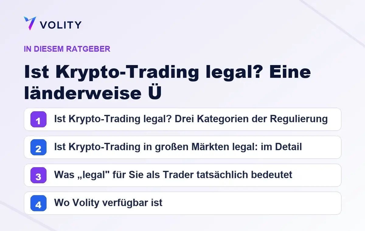Wichtige Abschnitte in diesem Volity-Ratgeber zu Ist Krypto-Trading legal? Eine länderweise Ü
