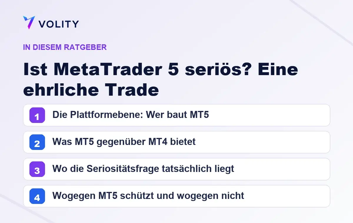Wichtige Abschnitte in diesem Volity-Ratgeber zu Ist MetaTrader 5 seriös? Eine ehrliche Trade