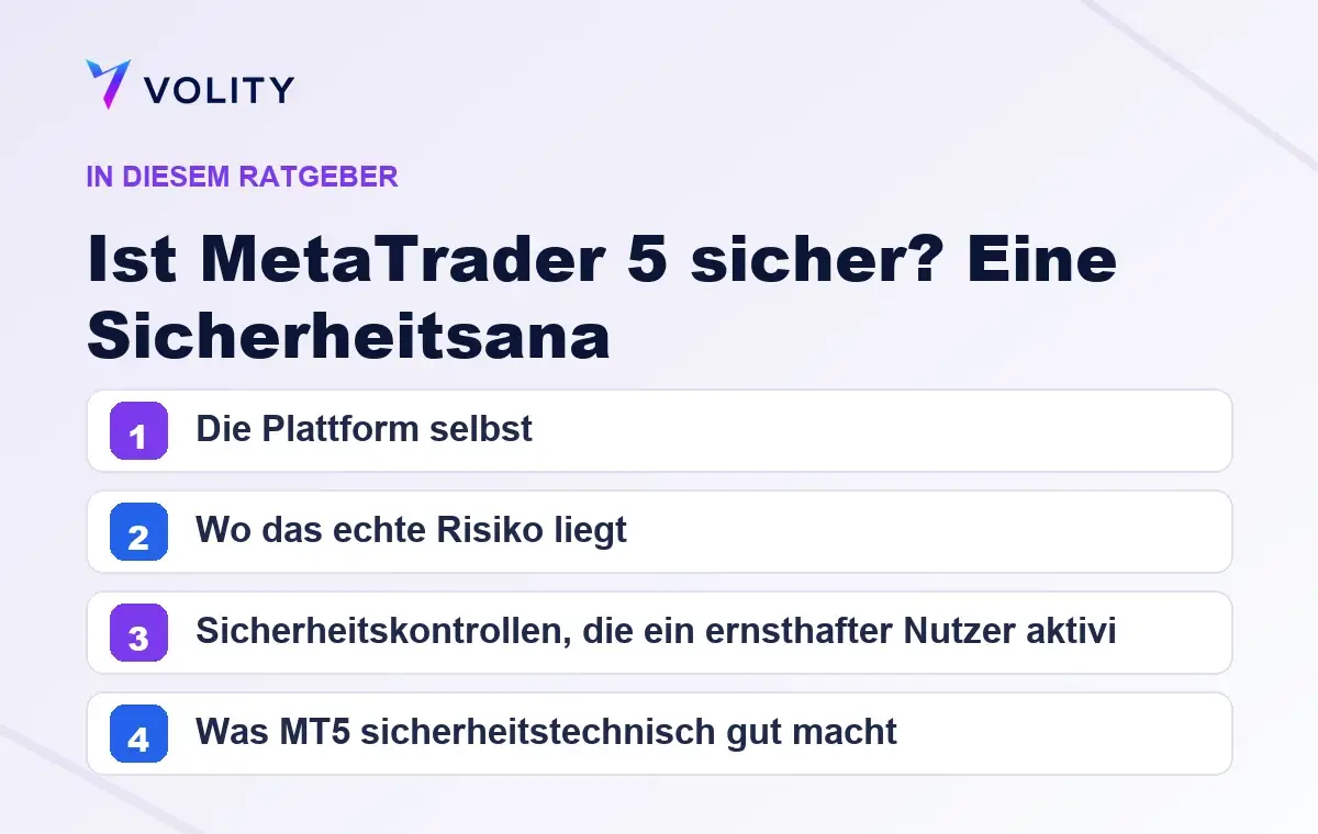 Wichtige Abschnitte in diesem Volity-Ratgeber zu Ist MetaTrader 5 sicher? Eine Sicherheitsana