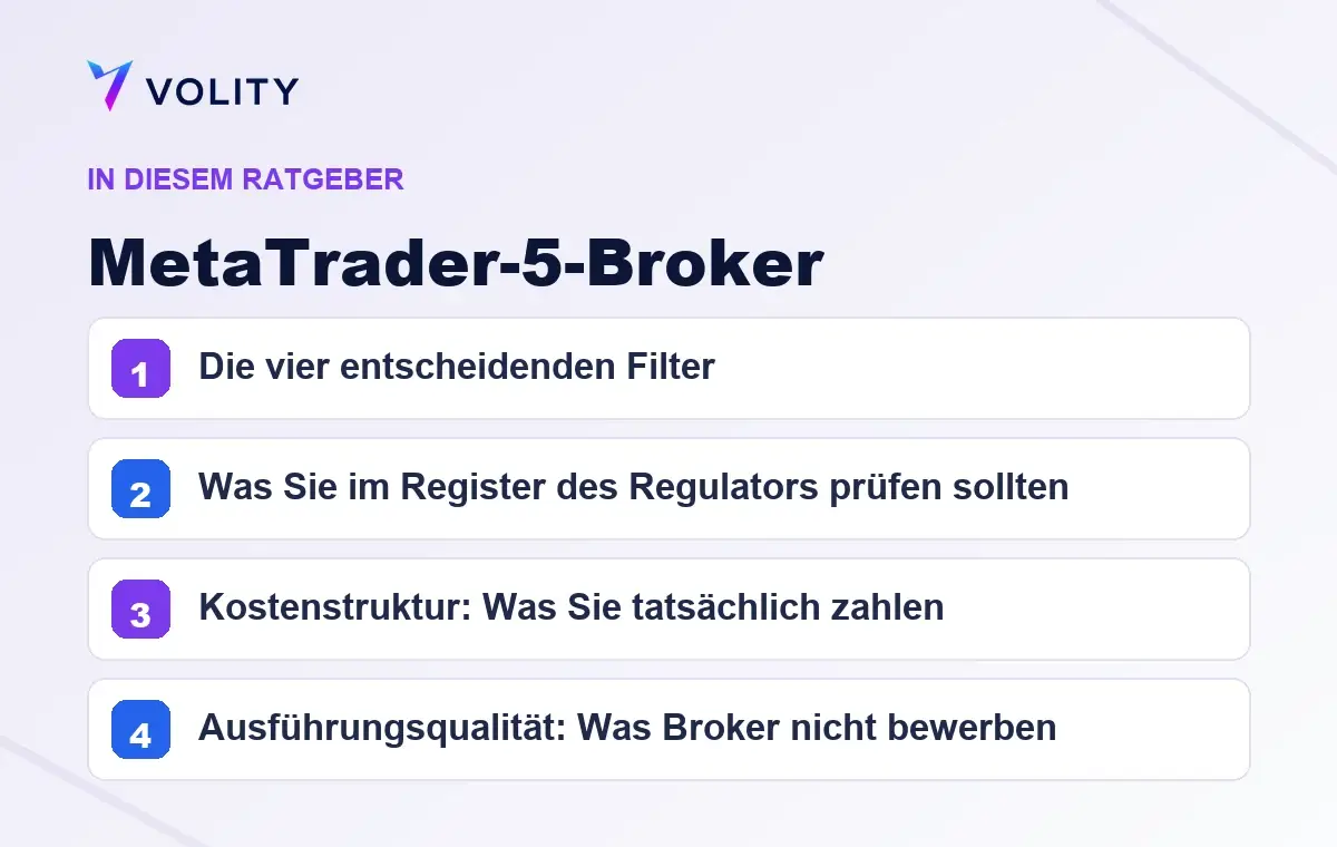 Wichtige Abschnitte in diesem Volity-Ratgeber zu MetaTrader-5-Broker