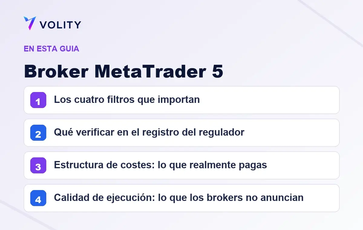 Secciones clave de esta guía de Volity sobre Broker MetaTrader 5