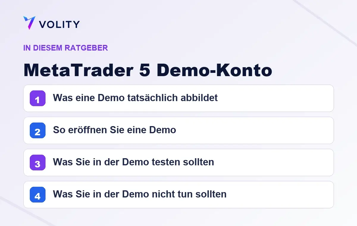 Wichtige Abschnitte in diesem Volity-Ratgeber zu MetaTrader 5 Demo-Konto