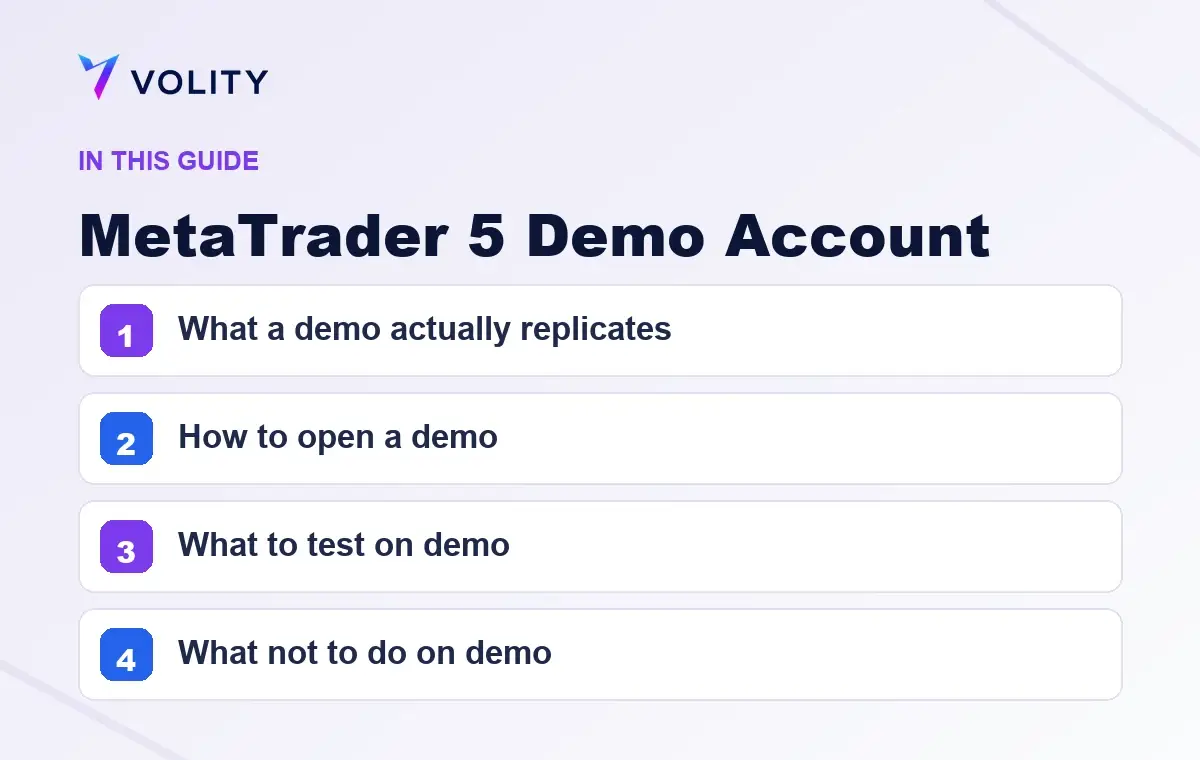 Key sections covered in this Volity guide to MetaTrader 5 Demo Account