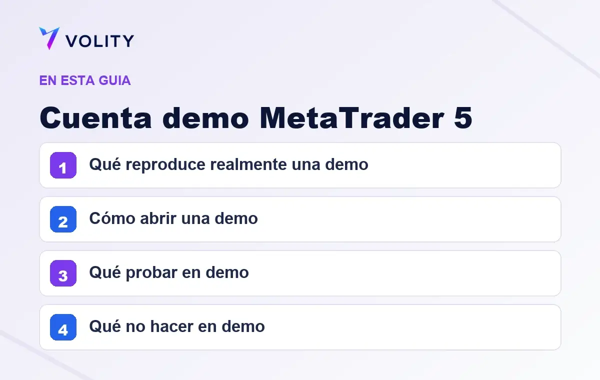 Secciones clave de esta guía de Volity sobre Cuenta demo MetaTrader 5