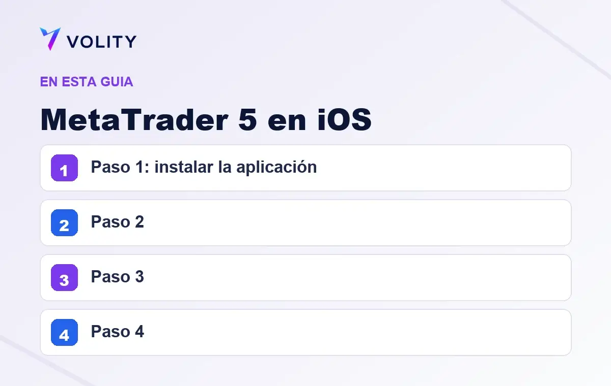 Secciones clave de esta guía de Volity sobre MetaTrader 5 en iOS