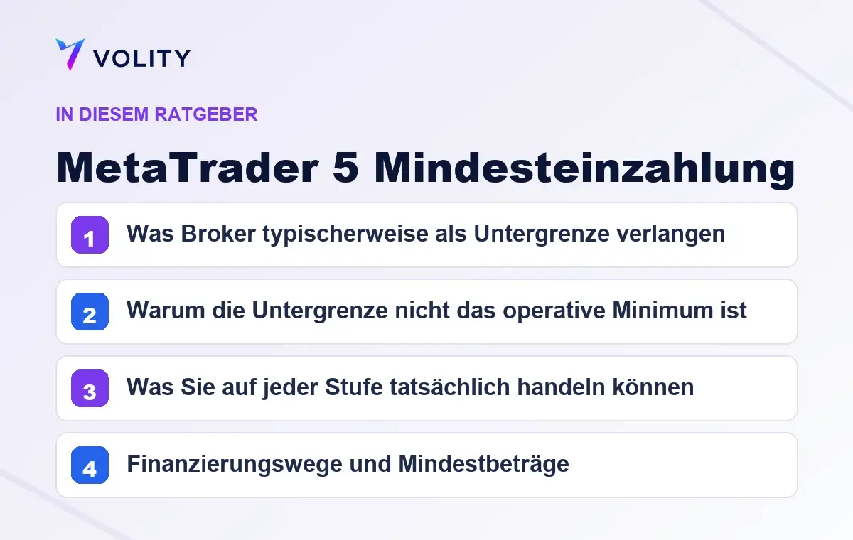 Wichtige Abschnitte in diesem Volity-Ratgeber zu MetaTrader 5 Mindesteinzahlung