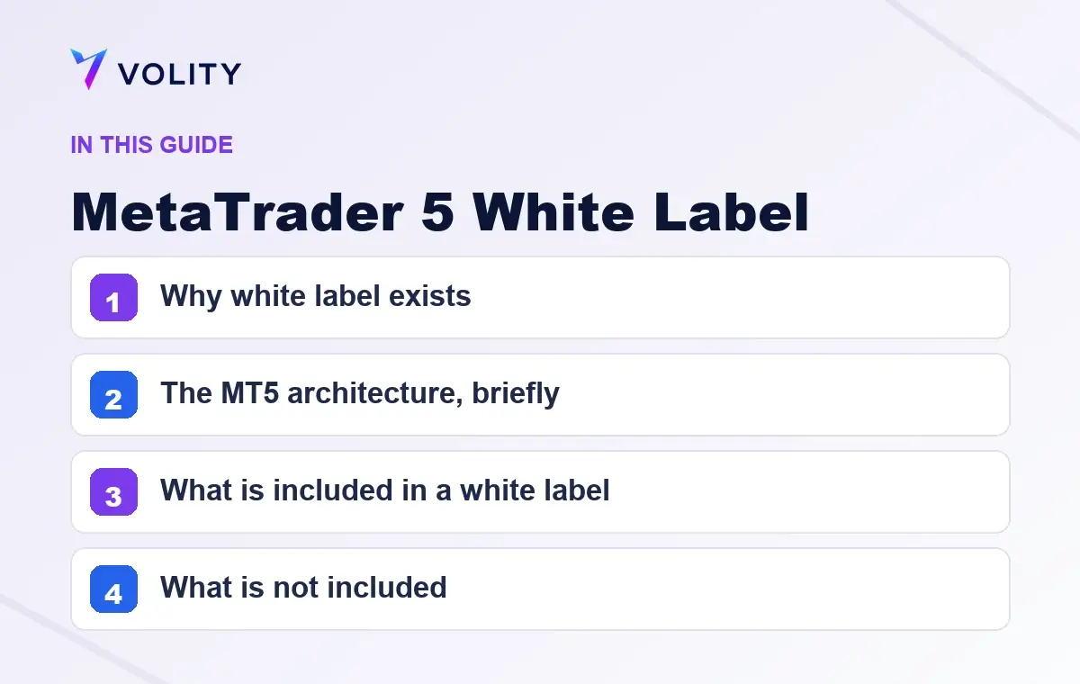 Key sections covered in this Volity guide to MetaTrader 5 White Label