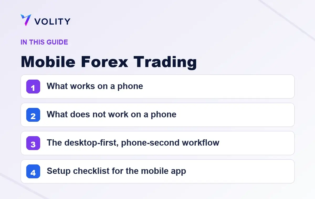 Key sections covered in this Volity guide to Mobile Forex Trading