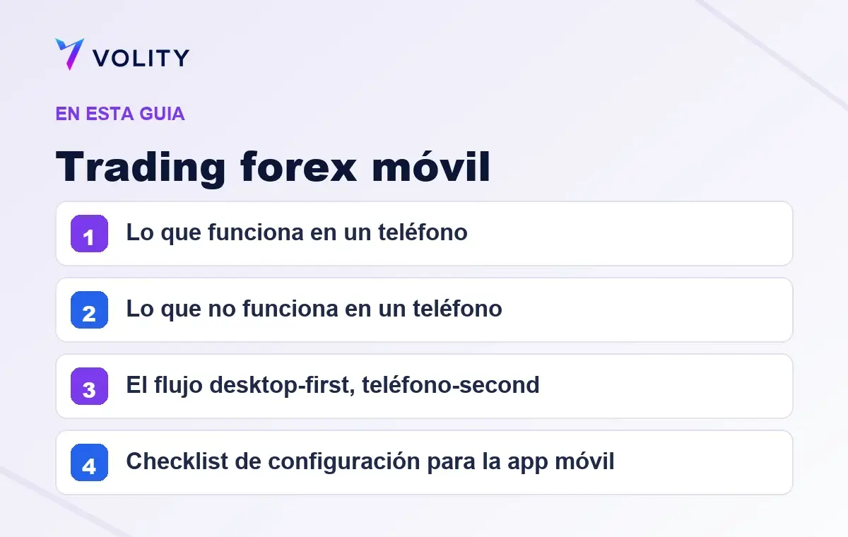 Secciones clave de esta guía de Volity sobre Trading forex móvil
