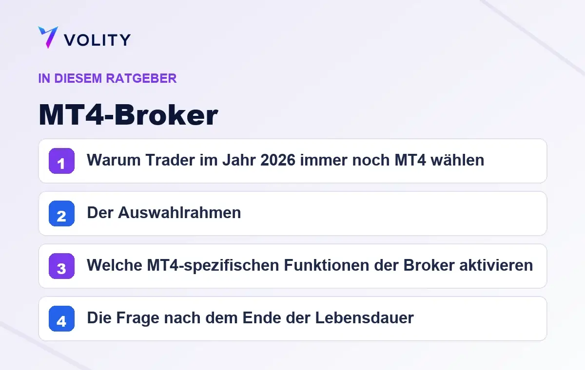 Wichtige Abschnitte in diesem Volity-Ratgeber zu MT4-Broker