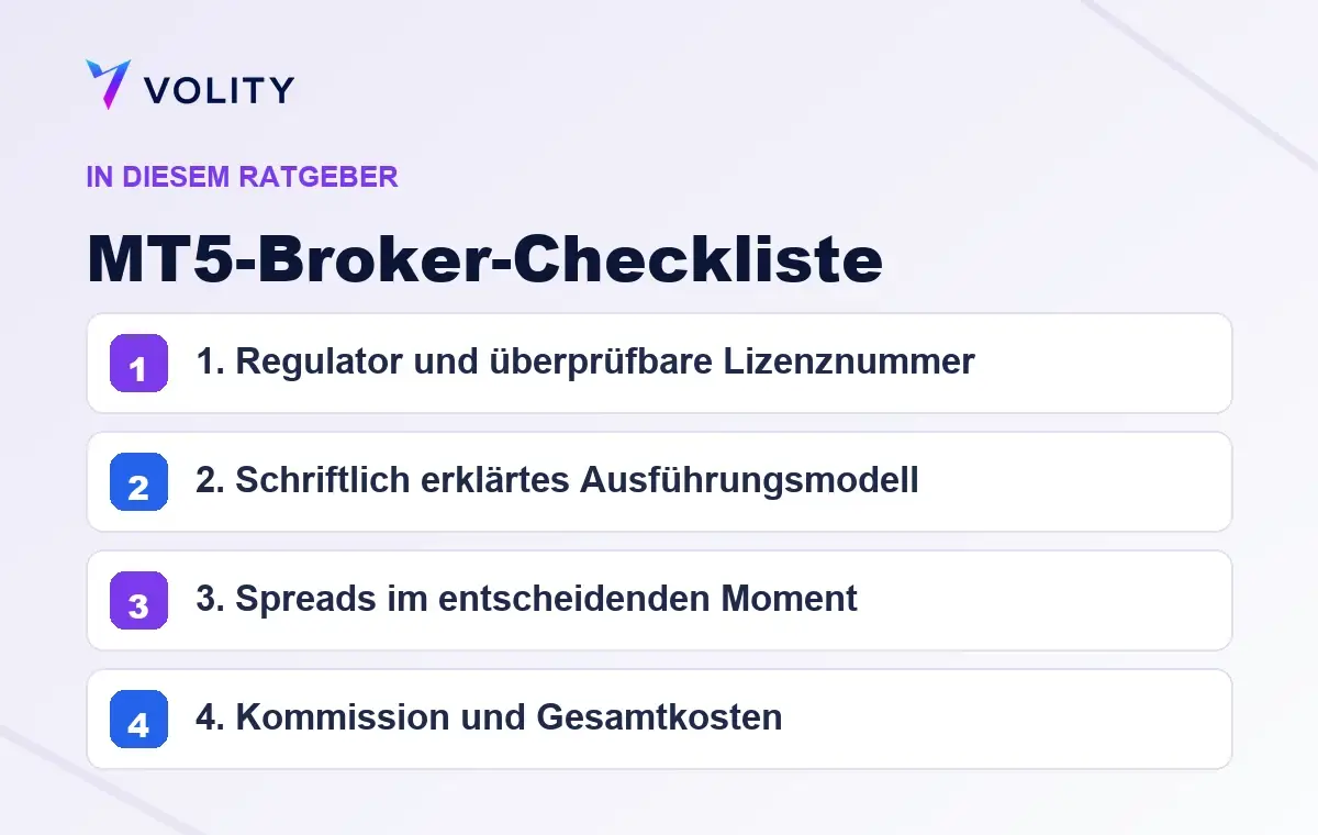 Wichtige Abschnitte in diesem Volity-Ratgeber zu MT5-Broker-Checkliste