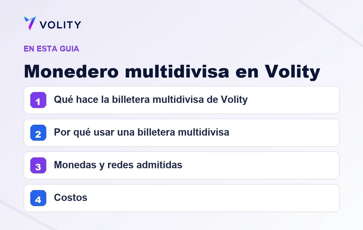 Secciones clave de esta guía de Volity sobre Monedero multidivisa en Volity