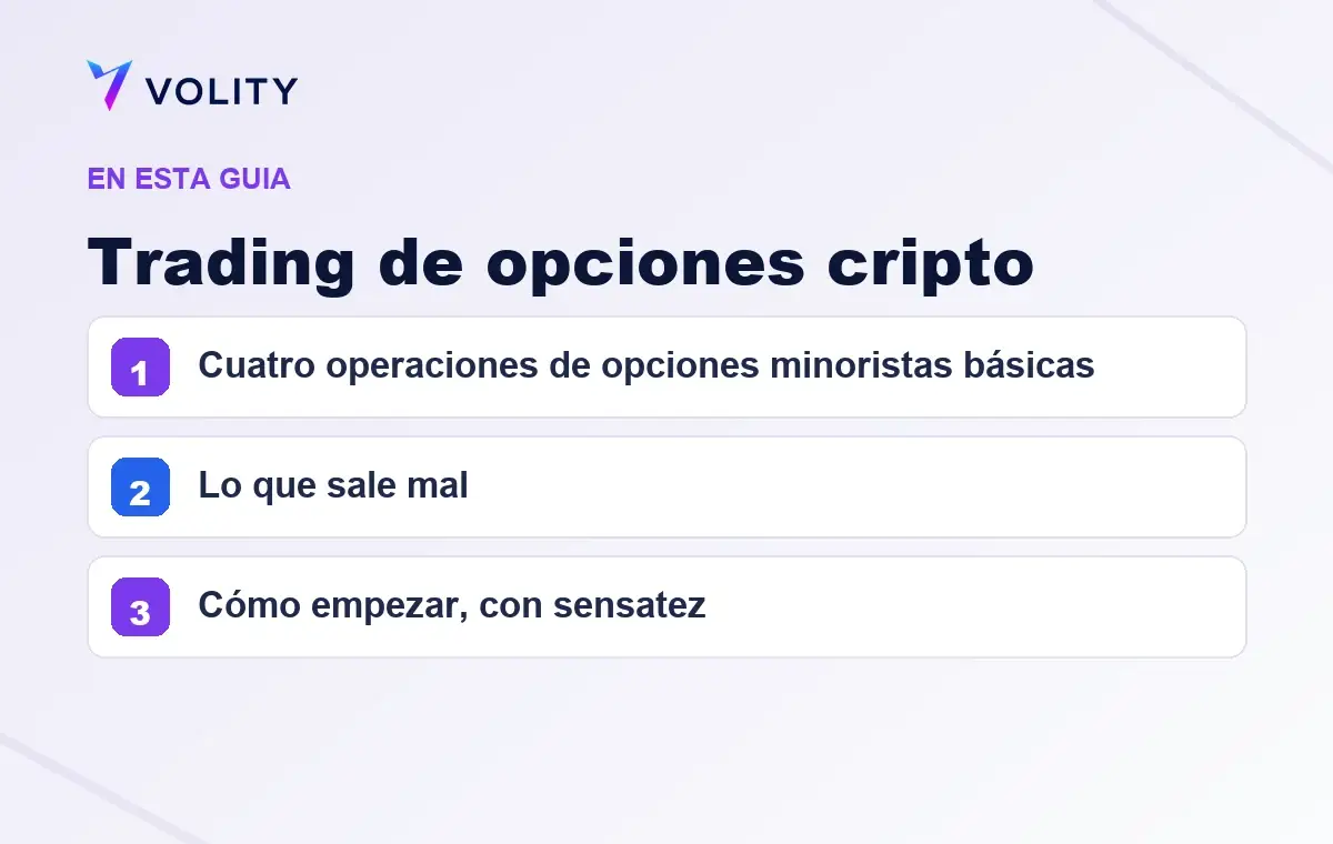 Secciones clave de esta guía de Volity sobre Trading de opciones cripto