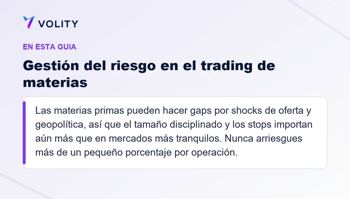 Secciones clave de esta guía de Volity sobre Gestión del riesgo en el trading de materias