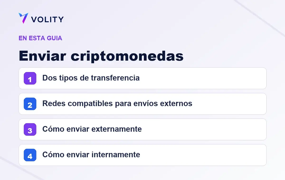 Secciones clave de esta guía de Volity sobre Enviar criptomonedas