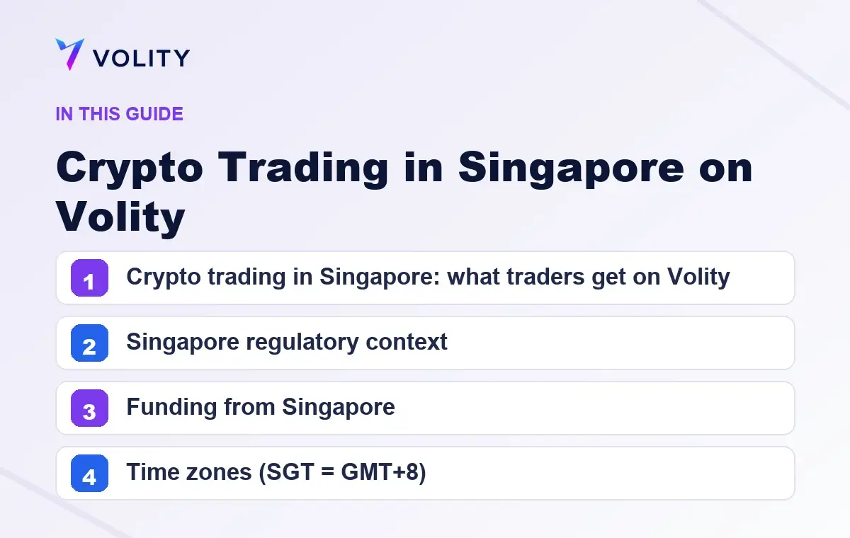 Key sections covered in this Volity guide to Crypto Trading in Singapore on Volity