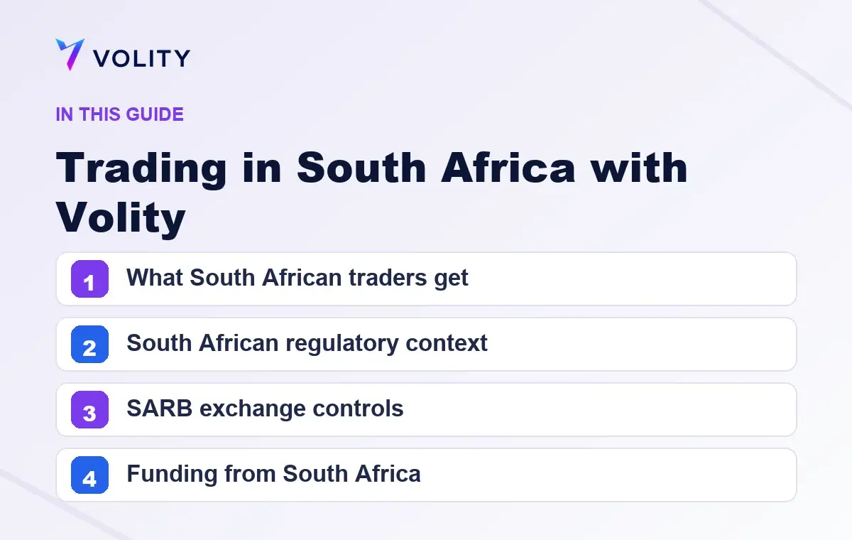 Key sections covered in this Volity guide to Trading in South Africa with Volity