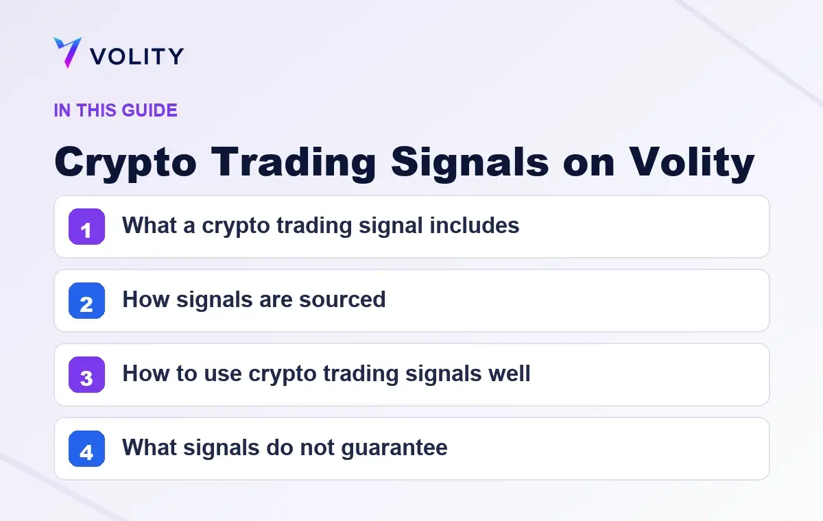 Key sections covered in this Volity guide to Crypto Trading Signals on Volity