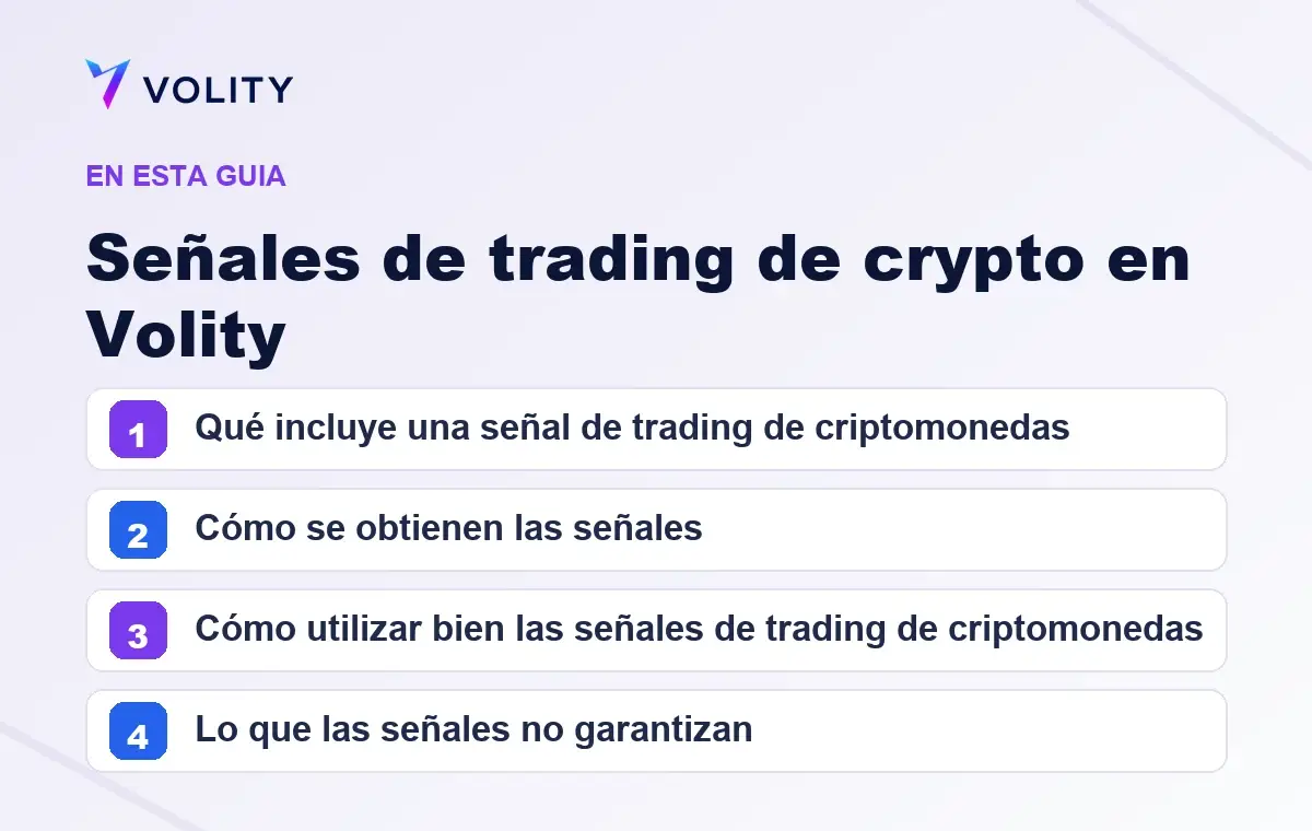 Secciones clave de esta guía de Volity sobre Señales de trading de crypto en Volity