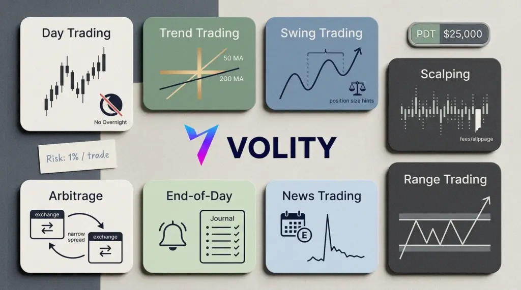 Eight trading strategies visualized across volatile 2026 markets: day trading, swing trading, scalping, arbitrage and more