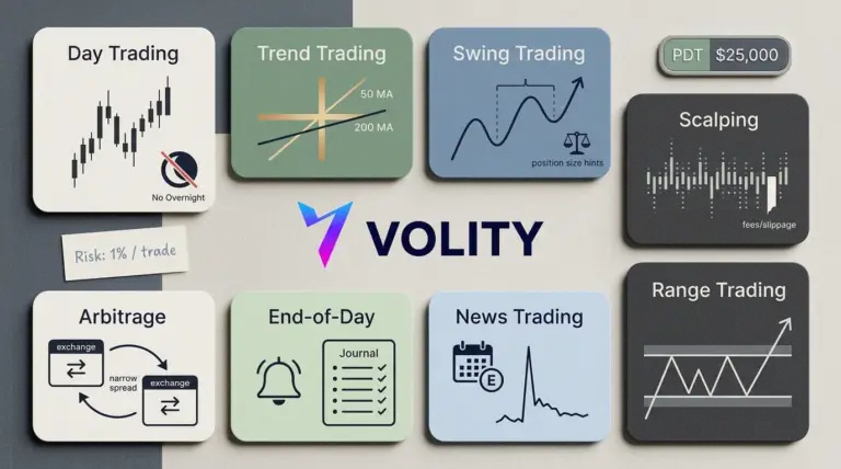 Eight trading strategies visualized across volatile 2026 markets: day trading, swing trading, scalping, arbitrage and more