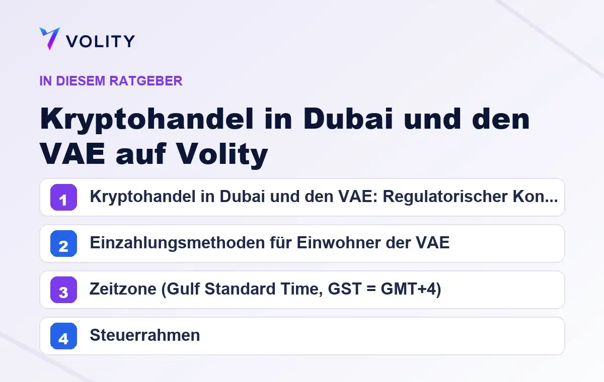 Wichtige Abschnitte in diesem Volity-Ratgeber zu Kryptohandel in Dubai und den VAE auf Volity