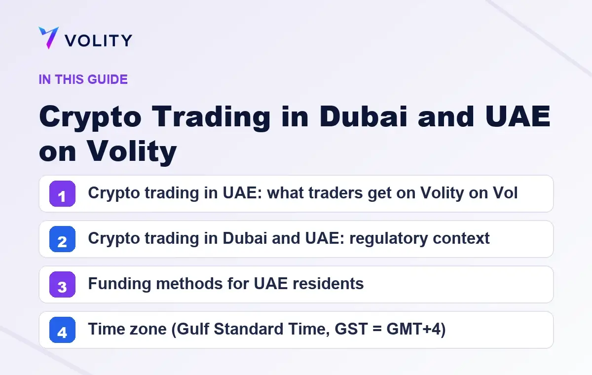 Key sections covered in this Volity guide to Crypto Trading in Dubai and UAE on Volity