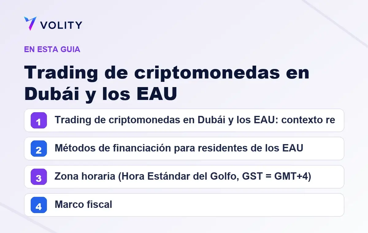 Secciones clave de esta guía de Volity sobre Trading de criptomonedas en Dubái y los EAU 